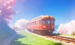 a train traveling down the tracks next to a lush green field