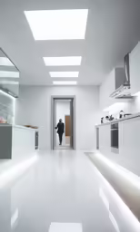 a modern style kitchen with a skylight overhead