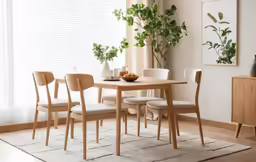 a living room with an area rug and a table with chairs
