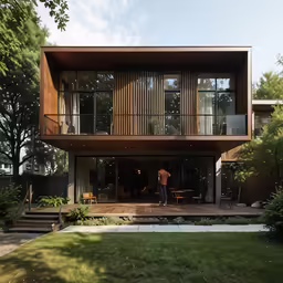 the rear of a modern house with grass in the yard