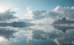 large water surface with clouds and mountain range in distance