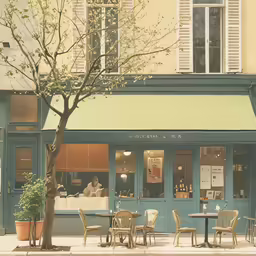 a restaurant sitting on the sidewalk by the side of the road