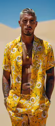 a man wearing an interesting yellow outfit with flowers on the shirt,a man with tattoos and yellow hawaiian shirt