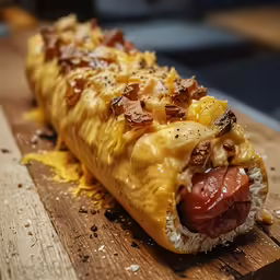 a long hotdog with toppings sitting on top of a wooden cutting board