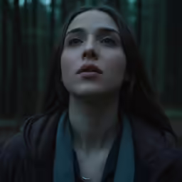 a girl is looking up in a dark forest