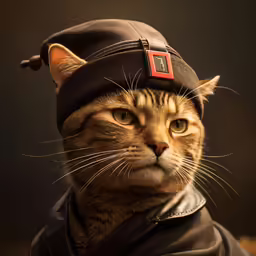 an image of a cat wearing a hat and looking seriously at the camera