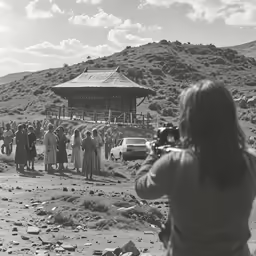 a large group of people standing around a wooden hut