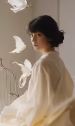 a young woman is sitting in front of a bird cage with white doves