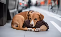 a brown dog with a pillow sleeping on the sidewalk
