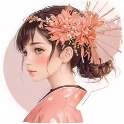 a young woman with an oriental style hairpiece and an orange flower in her hair