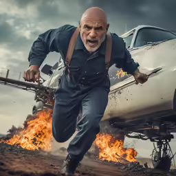 a man running towards a fighter jet while the flame breaks in the background
