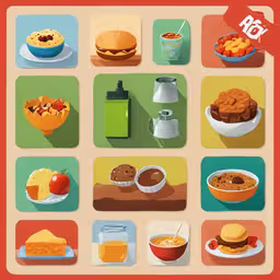 a colorful poster with different food items,flat illustrations of the ingredients in different foods