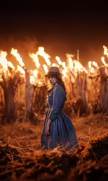 the woman is wearing an odd hat and blue dress