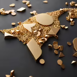 gold metallic shapes and confetti over a black surface