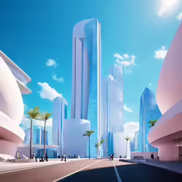 a man and woman are standing in front of tall buildings