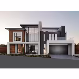 a house with lots of windows and two cars parked in front of it