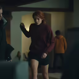 young woman in red sweater walking on a street