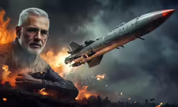 the man next to the fire has a large rocket on it