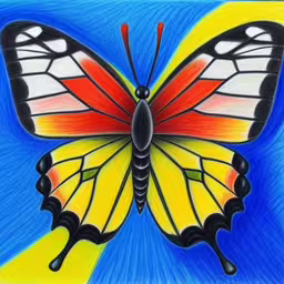 an orange and yellow butterfly on a blue background,a painting of a butterfly on a blue background,drawing of a butterfly on a brightly colored paper,an orange and yellow butterfly with black spots on it,a butterfly painted in multicolors sitting on top of a blue and yellow background