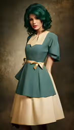 a woman with green hair and black heels posing for a picture