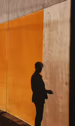 the person in black is standing in front of a wall