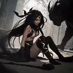 a woman sitting on the ground next to an animal