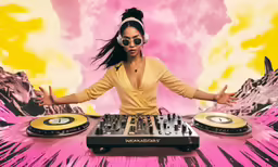 an african american dj playing her own track with headphones