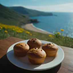 the muffins are placed on the plate on the table by the water