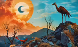 some birds are standing on the rocks and one bird is looking at the eclipse
