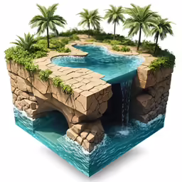 an artistic landscape of a waterfall and a stream with trees