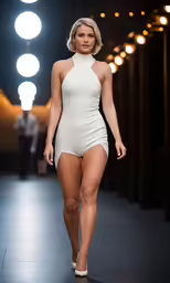 woman in white bodysuit walking down a runway
