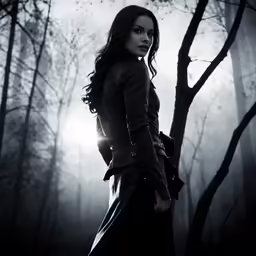 a woman in black jacket standing in front of a tree