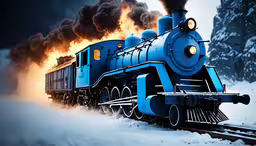 a blue train traveling down tracks next to tall snow covered trees,an old fashioned train is blowing up black smoke on tracks