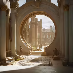 a archway in a city, overlooking the street