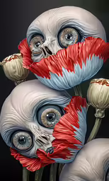 two alien heads sitting next to each other with large flowers