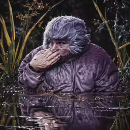 a woman holding her hands together near a body of water