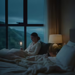 a woman sitting in her bed holding a candle