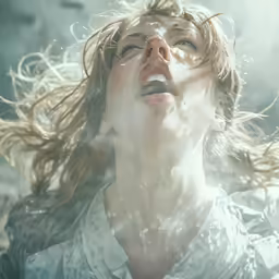 a woman in a white shirt blowing water on her face