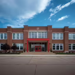 a very large red building with many windows