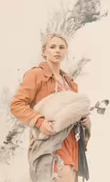 woman in trench coat holding bag with tree in background
