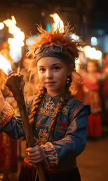 a child dressed up holding a wooden stick