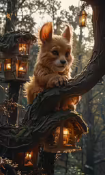 a brown bear in a forest with lots of candles