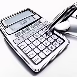 a black and white photo of a calculator and a pen