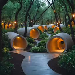 a park area with lights and concrete circular structures in the trees