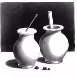 two pots are next to a spoon, on which is a small black and white photo