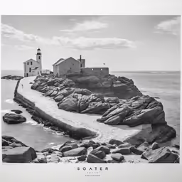 the photograph shows a long line of cliffs, a lighthouse and water with rocks below