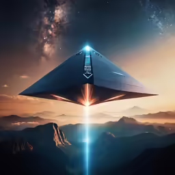a futuristic space ship flying through the air with mountains in the background