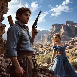 a man holding a gun next to a woman
