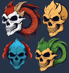 some skulls and dragon heads on a dark background,three skull illustrations with different colored skulls