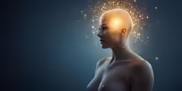 woman with golden light and head hair is looking upwards